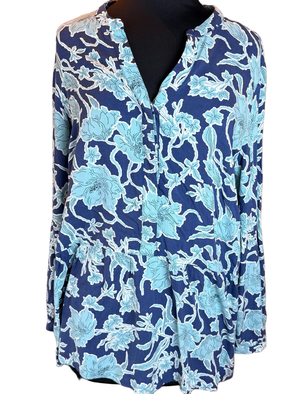 Navy Blue Floral Peplum Blouse with Light Blue Print size 12 like New